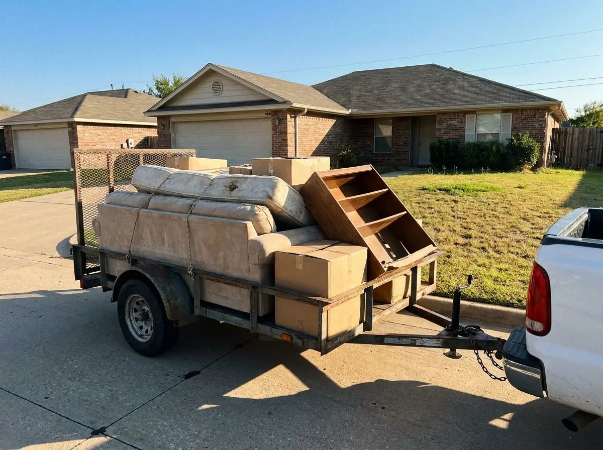 Trailer loaded with a couch, mattress, boxes and an old bookshelf in a Katy area driveway